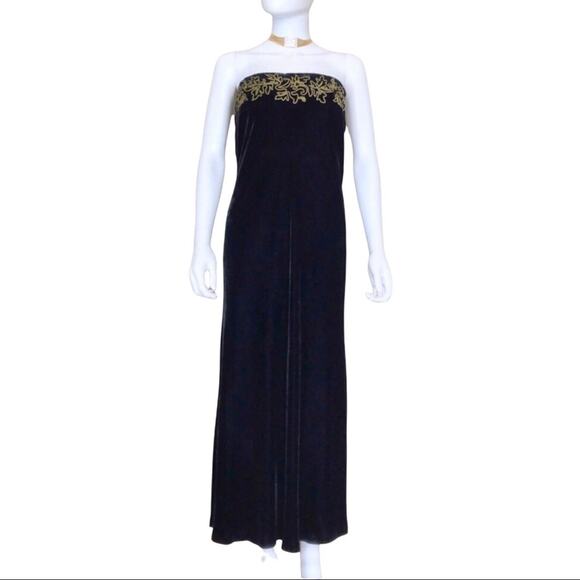 Ralph Lauren Black Label Dresses & Skirts - Ralph Lauren Black Velvet Maxi Gown Embellished Gold Applique Black Tag